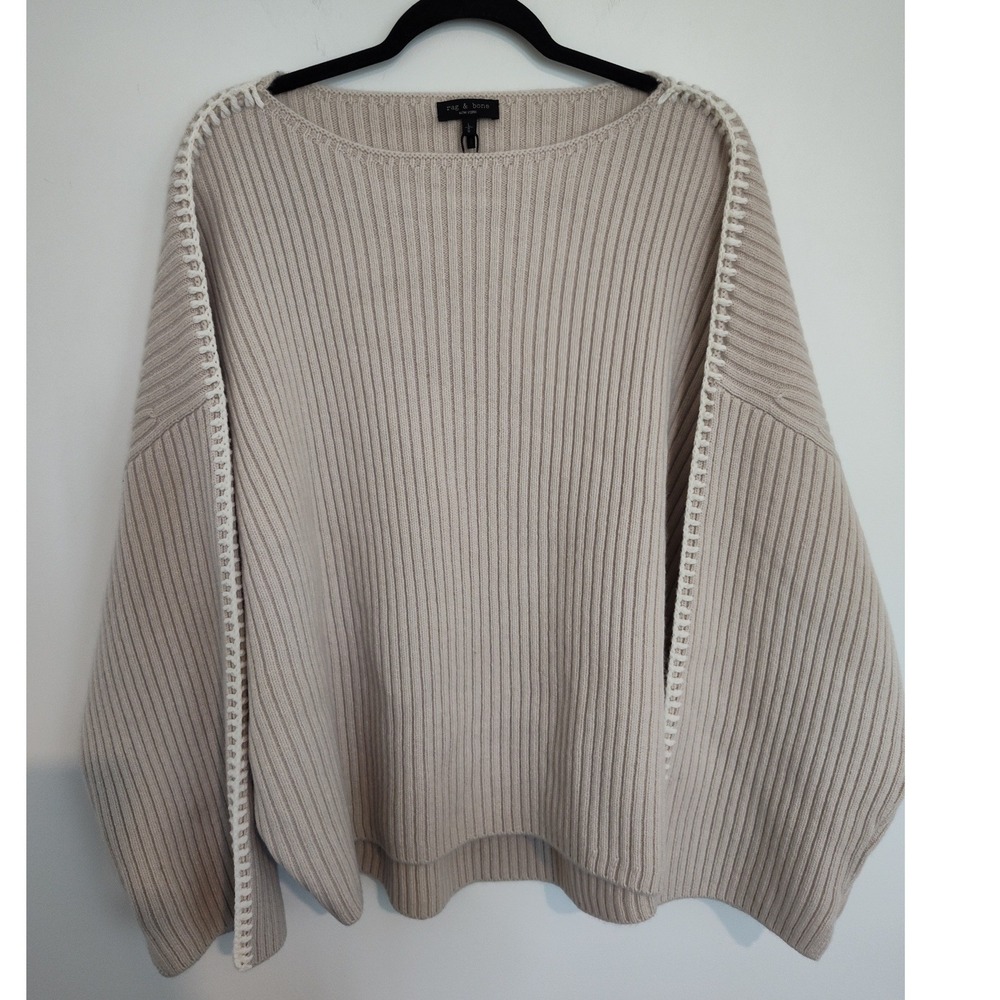 Rag & Bone Ingrid Boat Neck Wool Ribbed Sweater Light Oat RG6025F6MWL Large